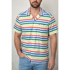 Tommy Hilfiger Mens Rainbow Stripe Camp Collar Short Sleeve Shirt Custom Fit L